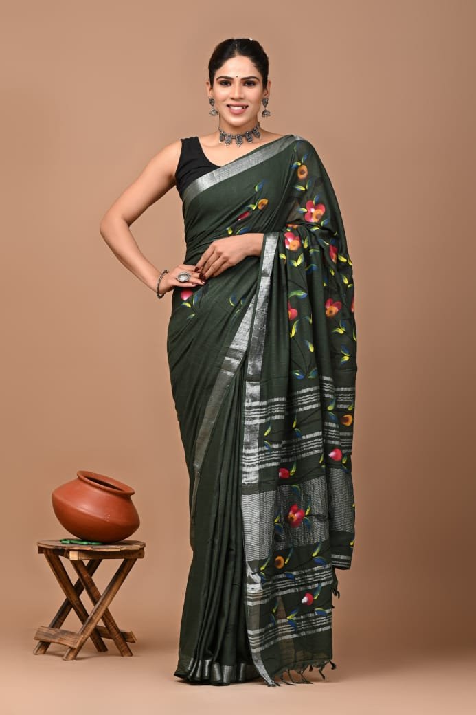 Hand Block Printed Linen Saree with Blouse